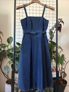 Vintage Navy Corduroy A-Line Midi Dress with Belt